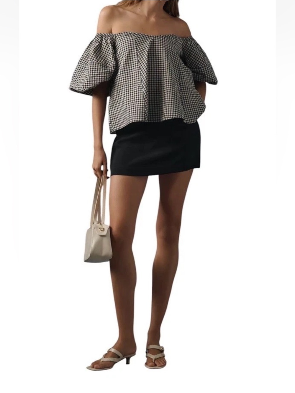Anthropologie Maeve Puff Sleeve Off the Shoulder Black White Gingham Top Small S